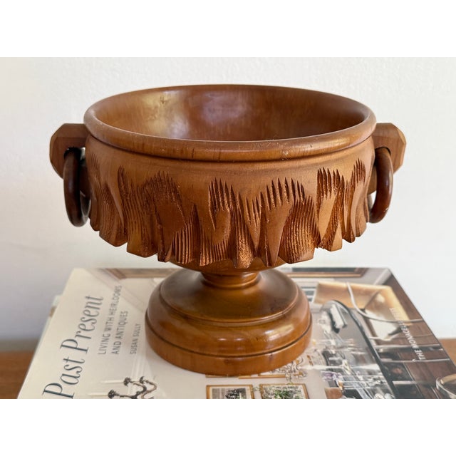 Vintage Carved Burl Wood Bowl With Ring Handles For Sale - Image 4 of 8