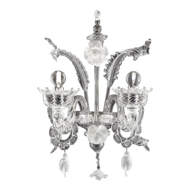 Venetian White and Transparent Floral Murano Glass Wall Sconce For Sale