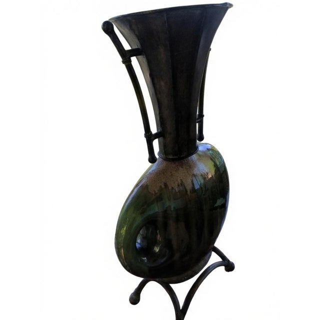 Mid 20th Century Artisan Glazed Ceramic Vase on Wrought Iron Stand With Sculptural Horn Accent For Sale - Image 5 of 10