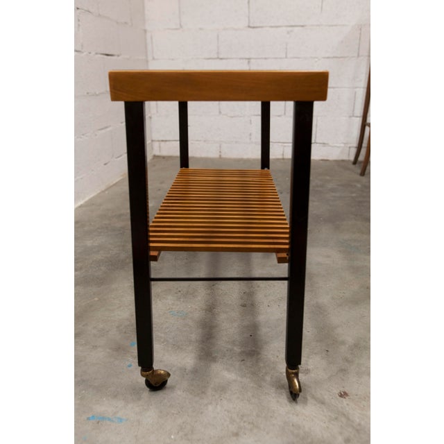 Vintage Teak, Black Metal, and Glass Serving Cart on Casters, 1960s For Sale - Image 11 of 17