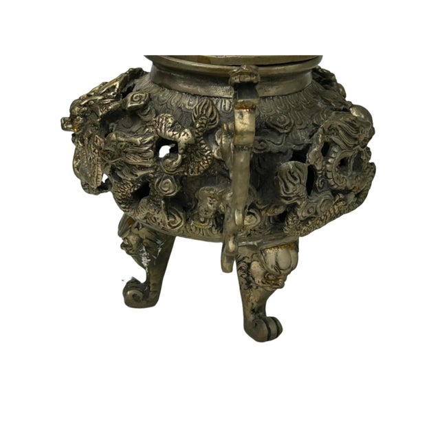 Vintage Bronze Color Metal Dragons Tri Legs Ding Incense Burner Art For Sale - Image 10 of 14