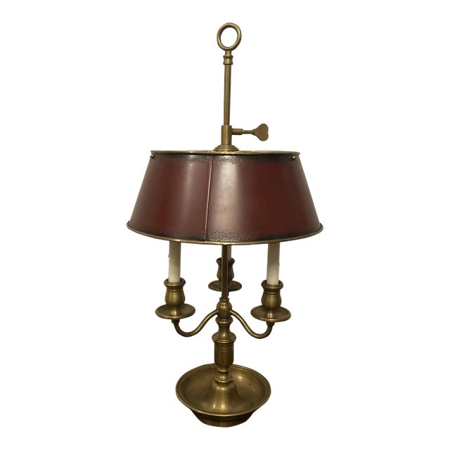 French Brass Bouillotte Lamp With Red Tole Shade For Sale