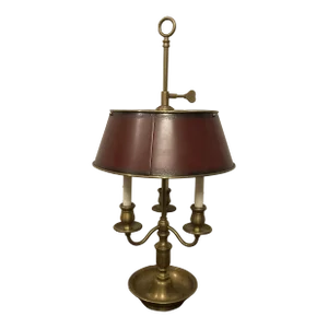 French Brass Bouillotte Lamp With Red Tole Shade