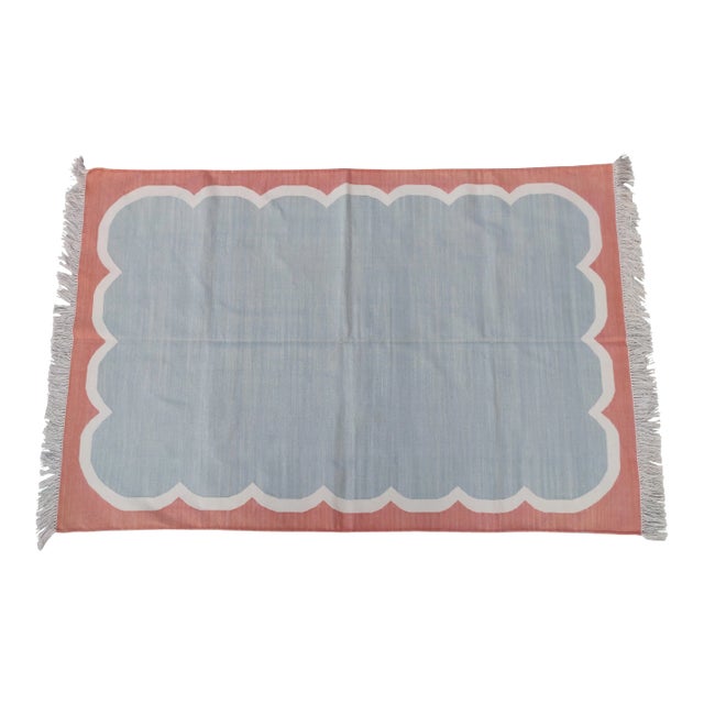 Handmade Cotton Pale Aqua, Cream and Red Washed Border Scalloped Rug - 6'x9' For Sale