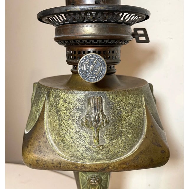Metal Antique 1800's Ornate Art Nouveau Patinated Bronze Leleu Paris Salon Oil Lamp For Sale - Image 7 of 12