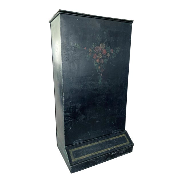 1860’s, 19th Century Toleware Storage Bin, Hand-Painted Floral Decoration For Sale