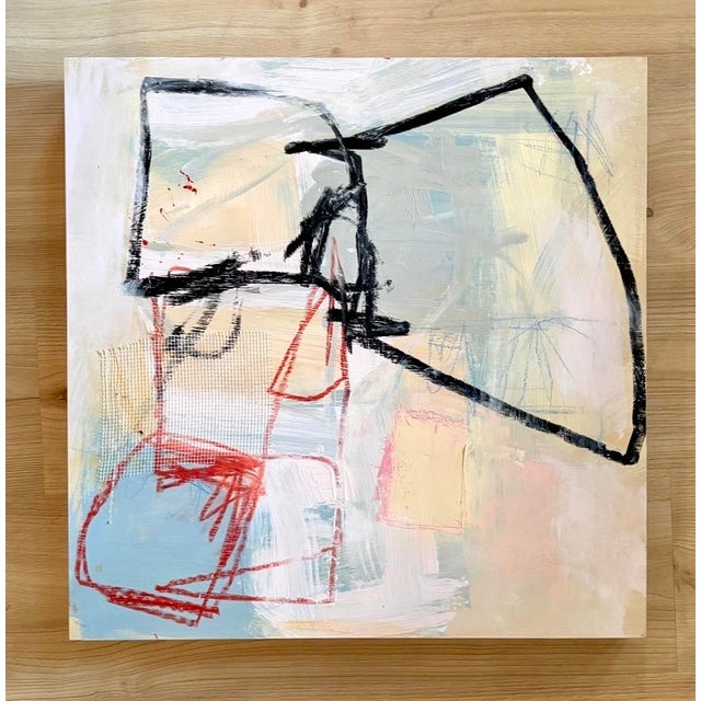 Acrylic, mixed media, and collage on cradled wood panel, 20 x 20 x 1.5. Edges painted creamy white.