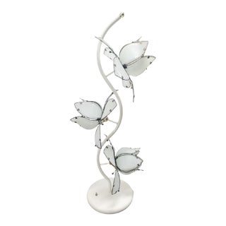 1980's Vintage Floral Lotus Flower Hollywood Regency White Tall Glass Table Lamp For Sale