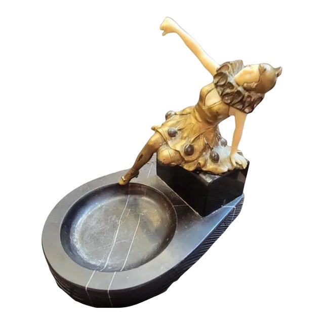 Antique French Art Deco Bronze Harlequin Posing on Marble Pedestal Ashtray For Sale