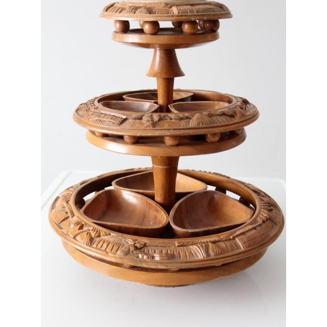 Vintage Mid-Century Carved Wood Tiered Lazy Susan With Pineapple Finial For Sale - Image 4 of 17