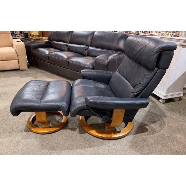 Ekornes ASA Ekornes Black Leather & Wood Frame Chair and Ottoman For Sale - Image 4 of 7