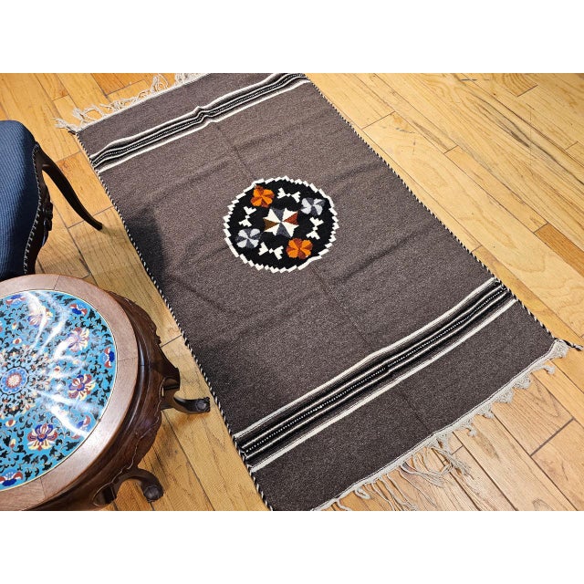 Vintage Mexican Serape Blanket Kilim, Handwoven Wool, Dark Gray/Chocolate, 3x6 For Sale - Image 9 of 10