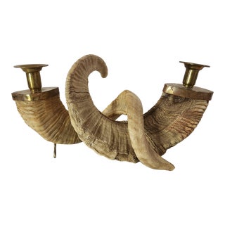 Vintage Brass & Ram Horn Candle Holders, Circa 1960s - a Pair For Sale