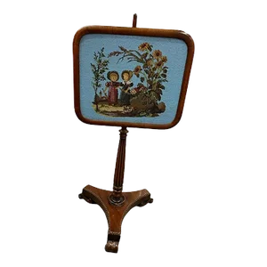 Late 19th Century Walnut and Beaded Fire Screen With Petit Point Faces