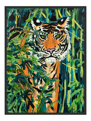 Tiger in Bamboo by Jelly Chen in Black Framed Paper, Small Art Print