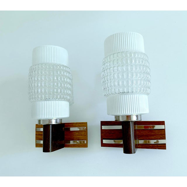 Vintage Scandinavian Teak Glass Sconces, 1960s, Set of 2 For Sale - Image 11 of 18