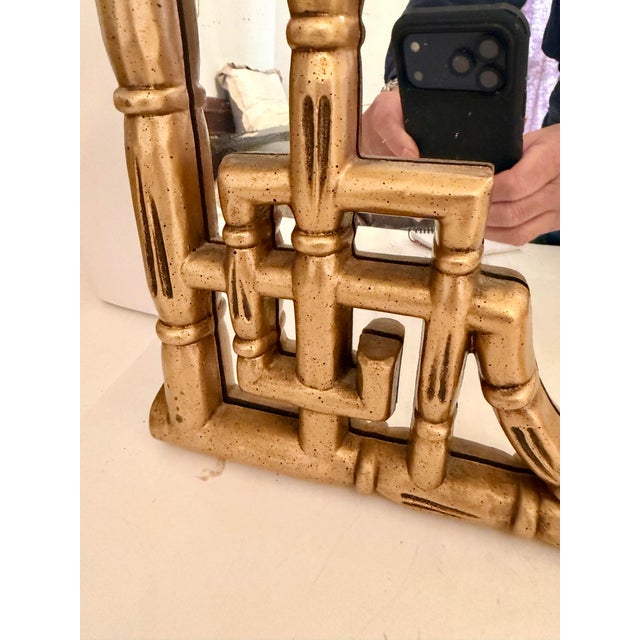 Gold Chinese Chippendale Style Faux Bamboo Greek Key Gold Wall Mirror For Sale - Image 8 of 12