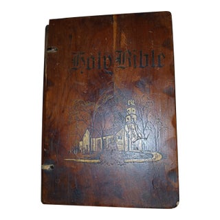 Vintage Leather Bible With Hand Carved Wooden Case For Sale