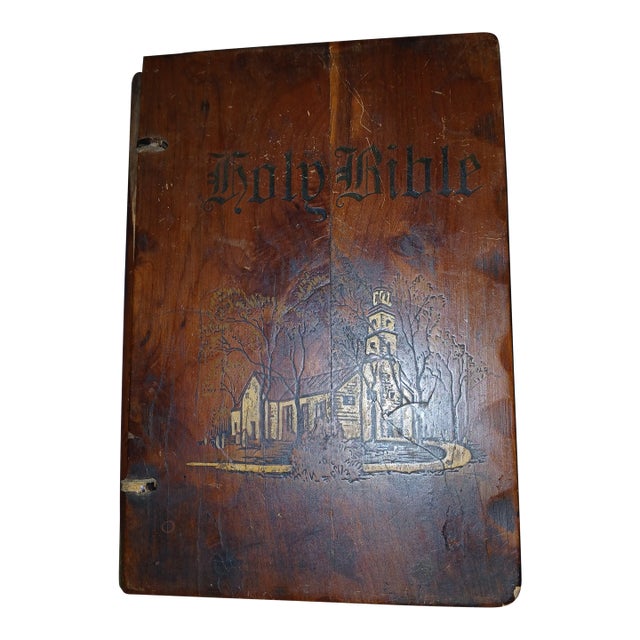 Vintage Leather Bible With Hand Carved Wooden Case For Sale