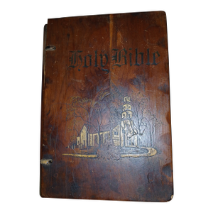 Vintage Leather Bible With Hand Carved Wooden Case