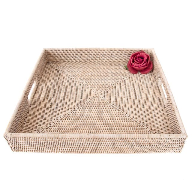 Artifacts Rattan Square Serving Tray with Cutout Handles in White Wash - 18" For Sale In Houston - Image 6 of 8