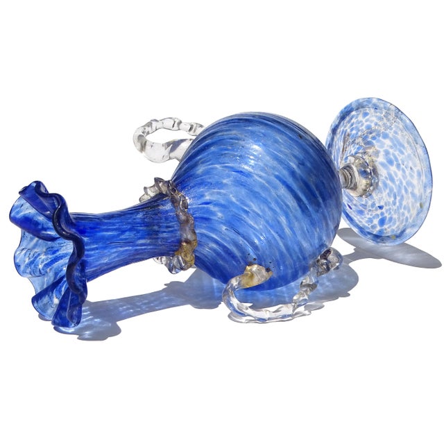 Blue Antique Venetian Murano Sapphire Blue Gold Leaf Handles Italian Art Glass Ruffle Rim Footed Flower Vase For Sale - Image 8 of 9