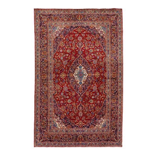 Room Size Vintage Kashan Medallion Wool Rug in Red and Blue For Sale