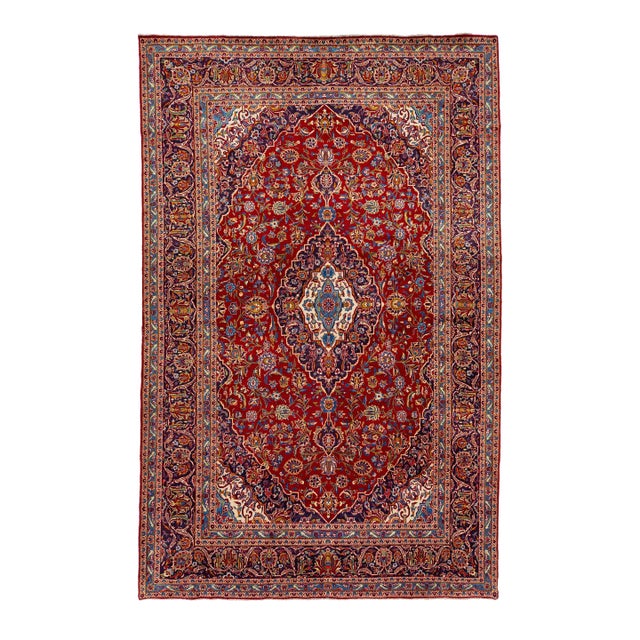 Room Size Vintage Kashan Medallion Wool Rug in Red and Blue For Sale