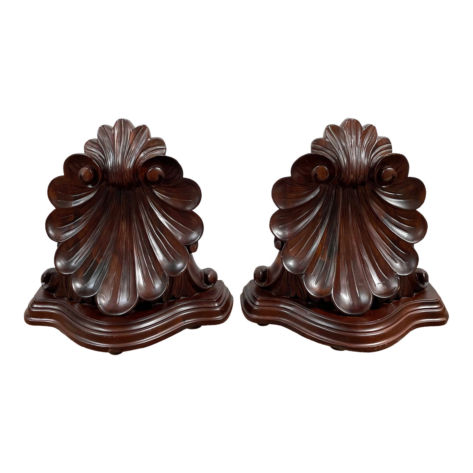Traditional Carved Mahogany Shell Motif Bookends by Selamat Designs a