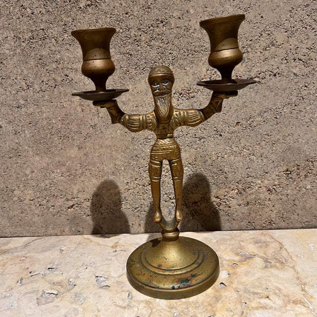 Mid-Century Modern Antique Brass Double Candlestick Holders, Early 20th Century For Sale - Image 3 of 10