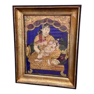 1900 Circa Tanjore Yashoda Krishna Painting Thanjavur Antique Indian India For Sale