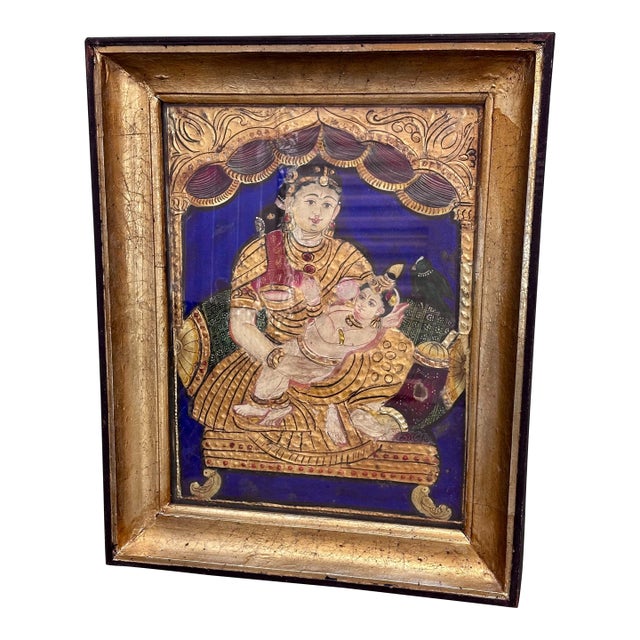 1900 Circa Tanjore Yashoda Krishna Painting Thanjavur Antique Indian India For Sale