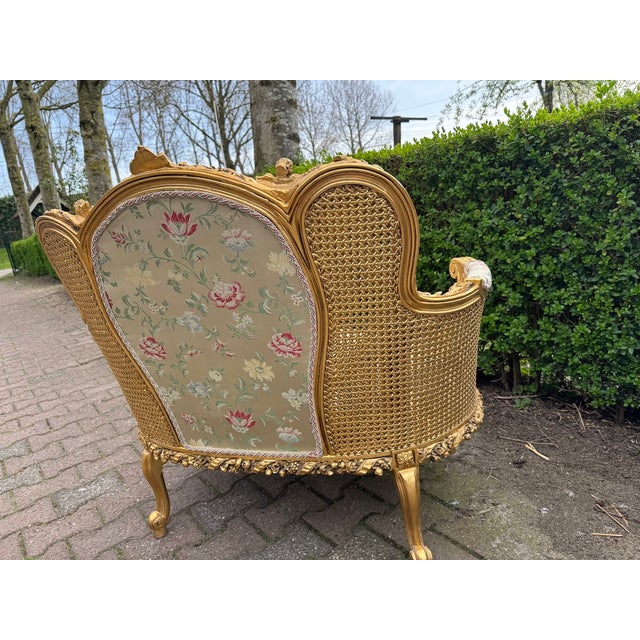 1960 French Louis XVI Gold Beech Damask Settee 1pc For Sale - Image 9 of 13