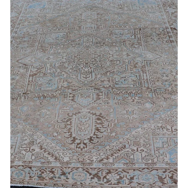 Early 20th Century Antique Persian Heriz Rug With Geometric Design in Taupe, Tan, Brown and Lt Blue For Sale - Image 4 of 13