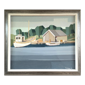 1991 Modernist 'The Boathouse' Vintage Swedish Original Waterfront Landscape Oil Painting, Framed