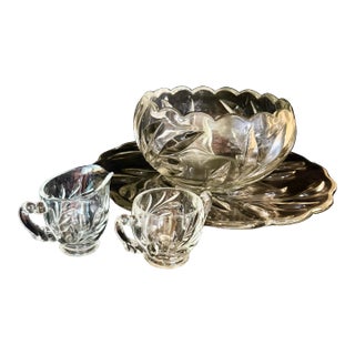 Mid 20th Century Indiana Glass Willow Punch Bowl Set With Cream and Sugar Set - Set of 4 For Sale