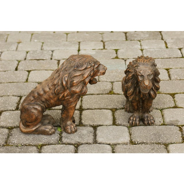 Pair of Italian 1880s Small Walnut Hand Carved Lion Sculptures with Dark Patina For Sale - Image 9 of 12