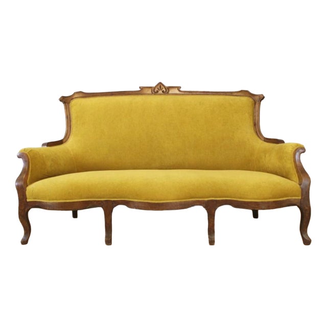 Art Nouveau Walnut and Velvet Sofa, Spain, Early 20th Century For Sale