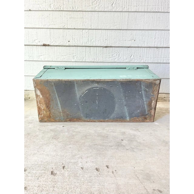 1950s Vintage Large & Heavy Teal Turquoise Green-Blue Metal Tool Chest Décor For Sale - Image 9 of 12