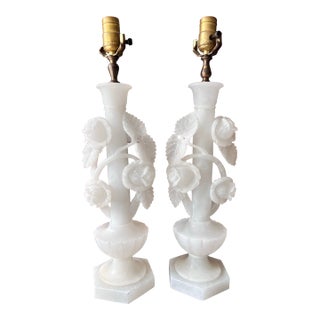 Vintage White Carved Alabaster Lamps - a Pair For Sale