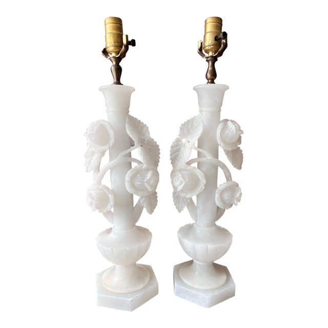 Vintage White Carved Alabaster Lamps - a Pair For Sale