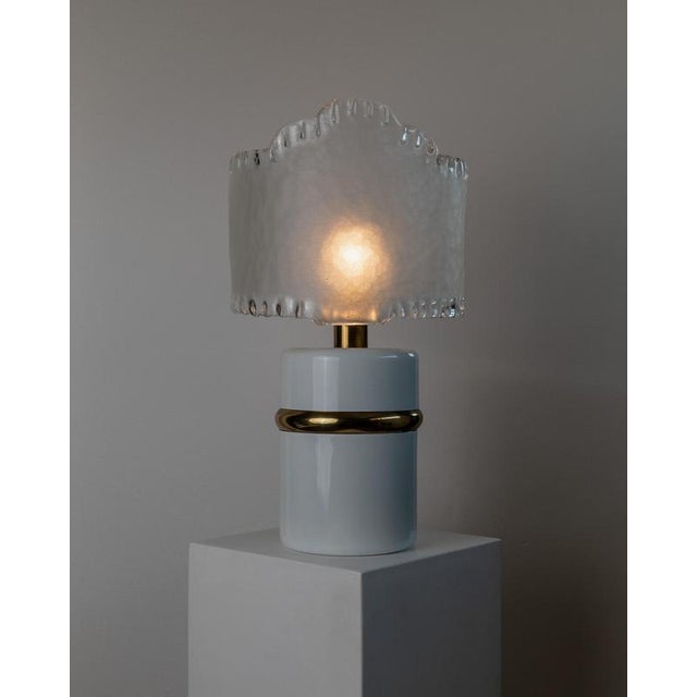 Vintage Murano Glass Table Lamp in White, Gold Metal Base, Frosted Glass Shade, Italy, 1980s For Sale - Image 11 of 11