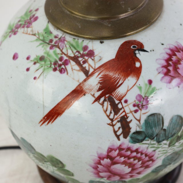 Wood Famille Rose Antique Porcelain Vase Table Lamp With Bird and Peony Motif on Wood Base For Sale - Image 7 of 13