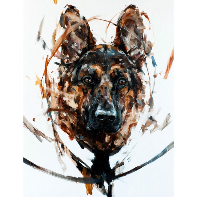 This artwork features a striking portrayal of a German Shepherd, rendered in bold, expressive strokes of oil paint that...