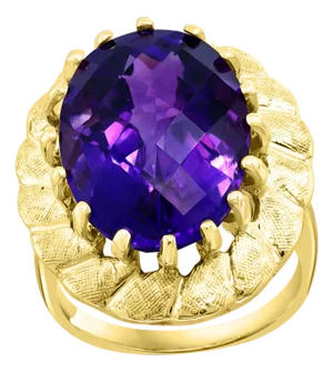 10 Carat Checker Board Amethyst Cocktail Ring in 14 Karat Yellow Gold