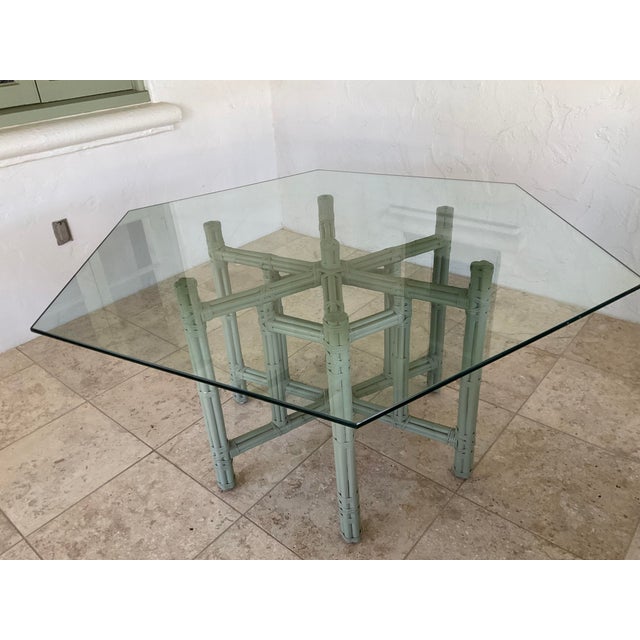 Vintage coastal style dining table, green ~ bundled bamboo base strongly in the style of McGuire supports a thick premium...