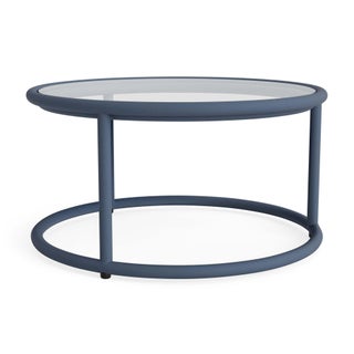 Brown Jordan Walter Lamb Aluminum 20" Round Occasional Table, Glass Top in Sapphire For Sale