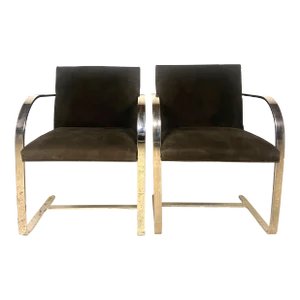 Vintage Knoll Stainless Flat Bar Brno Chairs in Brown Suede - a Pair