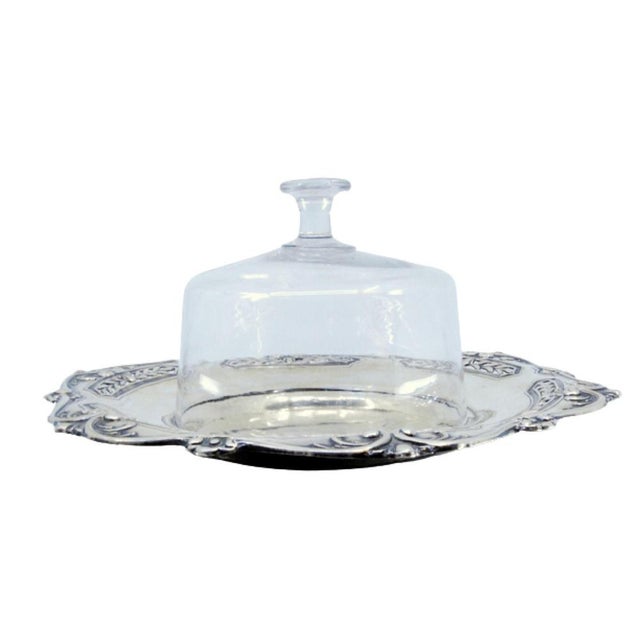 Metal Silve Cheese Dish with Embossed Palms and Shellsr and Cut Glass Lid, Set of 2 For Sale - Image 7 of 7