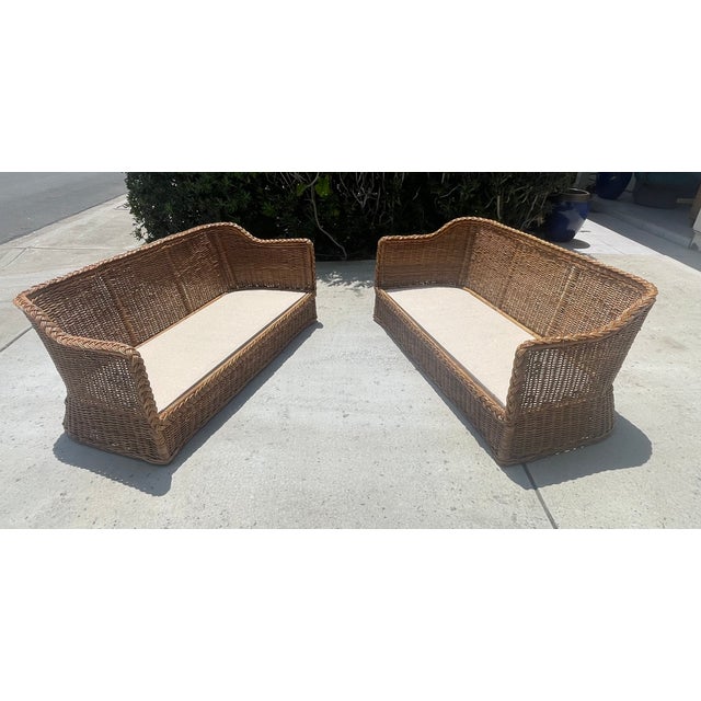 Michael Taylor Vintage Braided Wicker Sofas, Michael Taylor Style With New Perennials Upholstery For Sale - Image 4 of 14